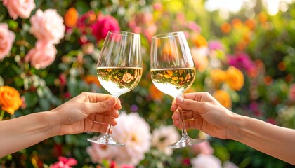 A joyful toast with glasses of white wine with floral background