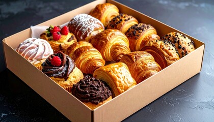a box of assorted bread and pastry on black marble table