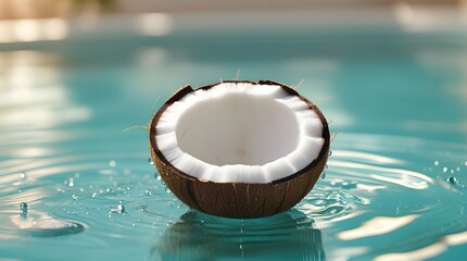an opened coconut floating in swimming pool, space for copy