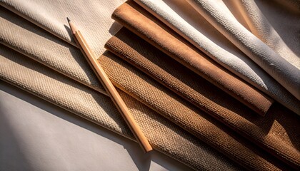 flay lay of fabric swatches in warm tones with a pencil on side, space for copy