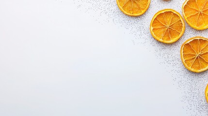 Snackification Concept. Dried Orange Slices with Black Poppy Seeds on Bright Background for Culinary and Decor Ideas