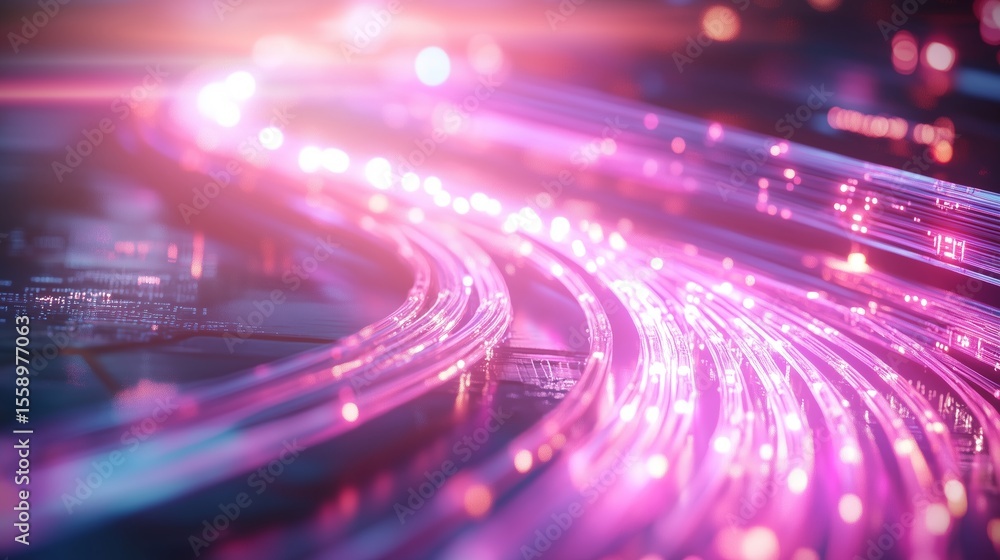 Poster colorful light trails weave through circuitry, creating a vibrant display of technology and energy i