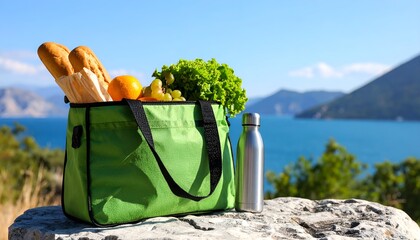 green picnic bag with fresh produce and water bottle on a rock, space for copy