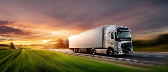 The sleek truck speeding along a picturesque highway during sunset.
