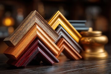 Various wooden picture frames arranged on a wooden surface in a well-lit workshop