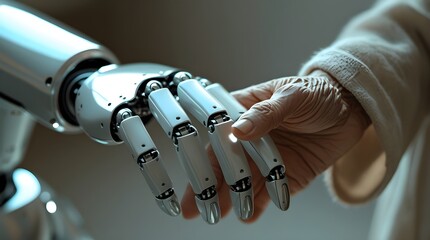 a elder hand is holding with robot hand, space for copy