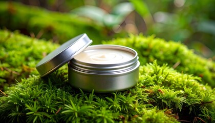 an open metal tin with creamy balm or lotion on lush green moss, space for copy