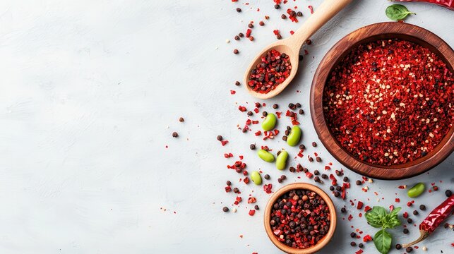 Snackification Concept. Vibrant Assortment of Spices and Herbs with Wooden Bowls on Light Background