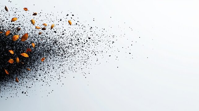 Snackification Concept. Abstract concept of leaves and dust merging to create a dynamic scattering effect in nature