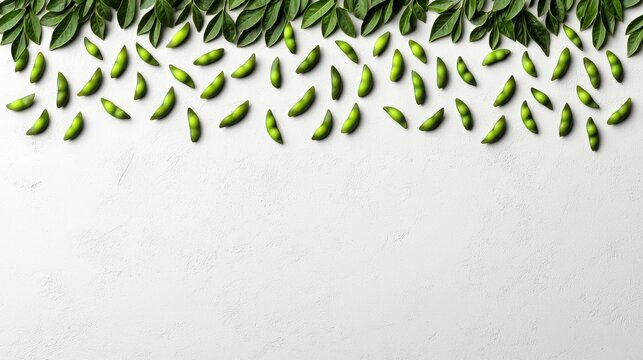 Snackification Concept. Fresh Green Leaves Border on Textured White Background for Nature and Design Projects
