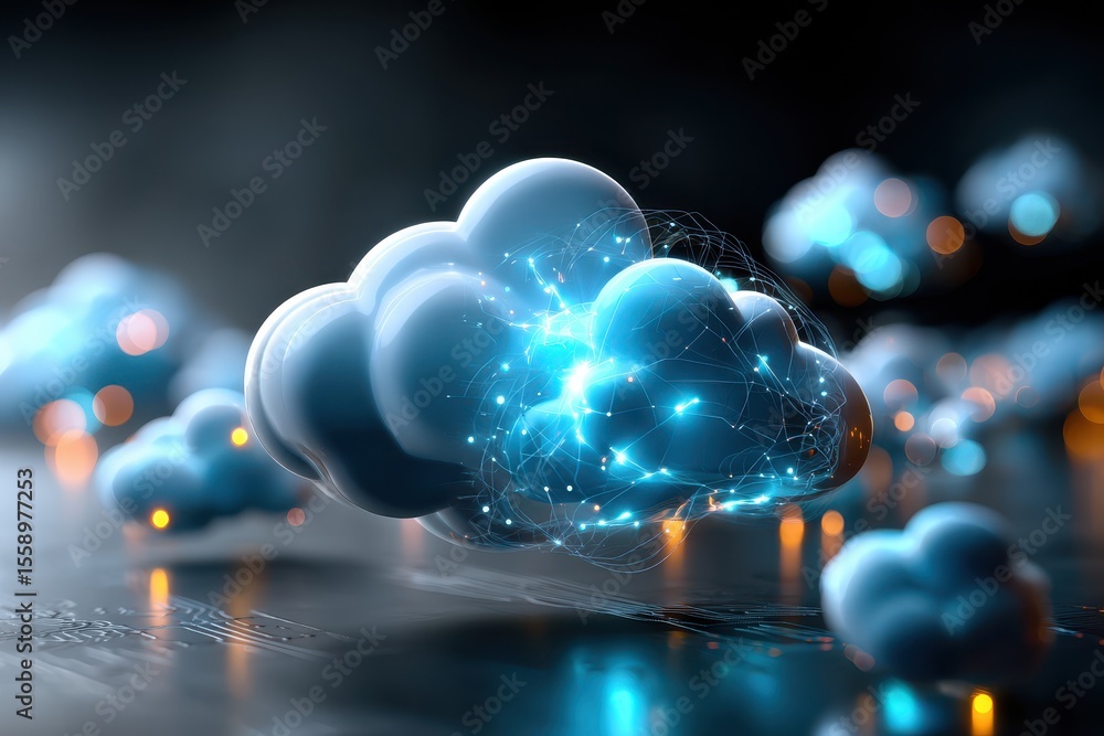 Poster digital cloud with glowing connections represents modern technology and data management in a futuris
