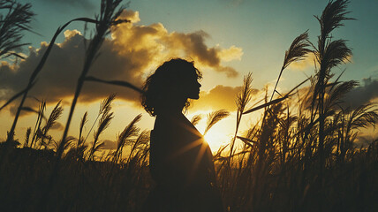 a girl peacefully standing in the open field waiting for the sun goes down