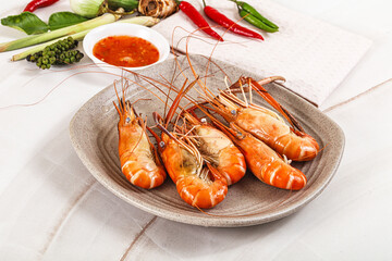 Boiled tiger prawn with sauce