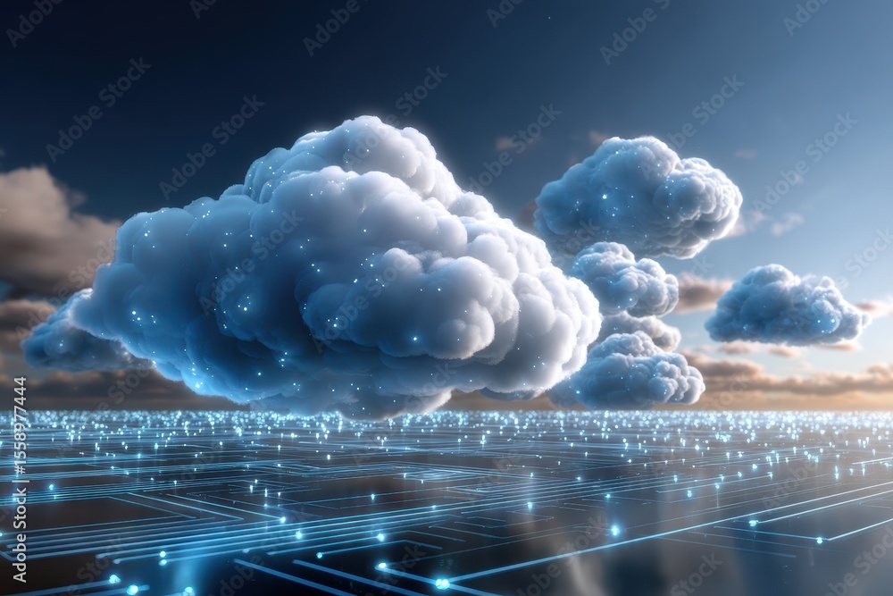 Poster digital clouds hover over a glowing circuit board landscape at twilight, blending nature and technol