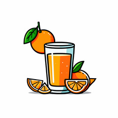 Illustration of a glass of orange juice with oranges and orange slices