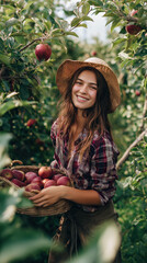 Smiling woman harvesting apples in orchard, holding basket full of fresh red fruit