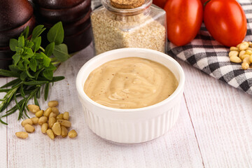 Delicious walnut creamy sauce in the bowl