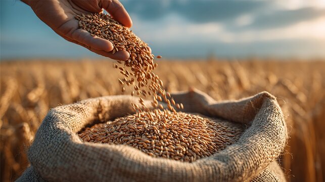 Abundance of wheat grain pouring into a burlap sack against field backdrop