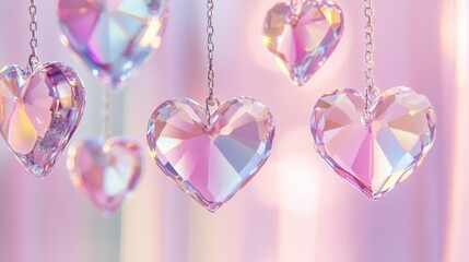 Iridescent crystal hearts hanging against a soft pink background.