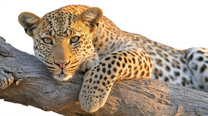 Leopard resting gracefully on a tree branch in the wild, staring with intense eyes