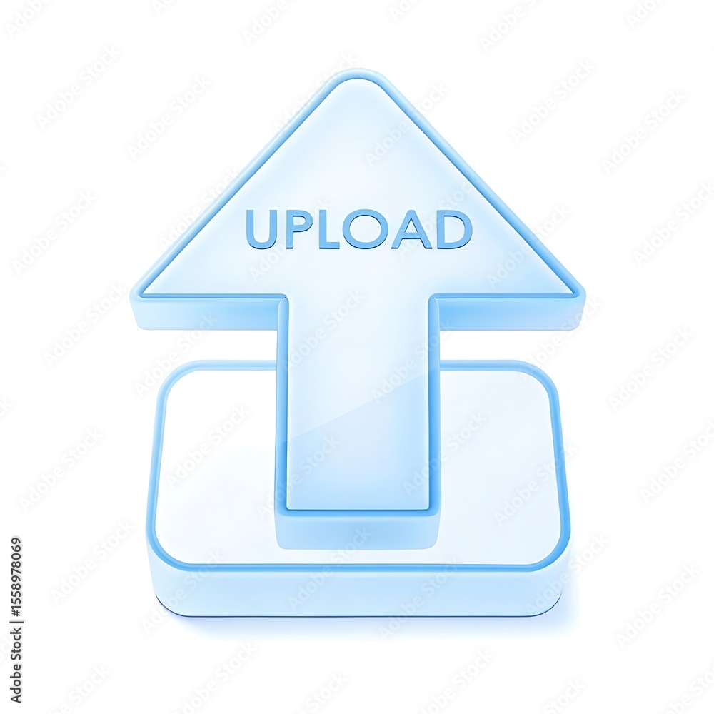 Poster 3d blue upload icon with arrow pointing up isolated on white background