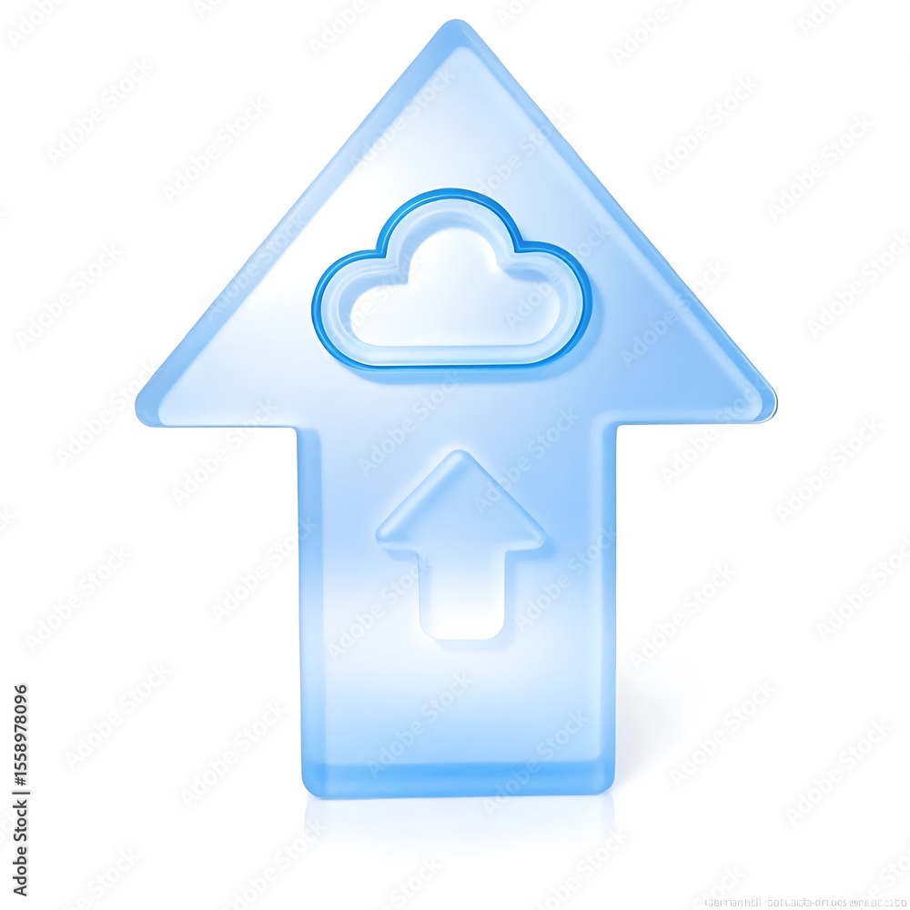 Poster blue translucent arrow pointing upwards with a cloud icon isolated on white background