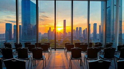 Sunrise Cityscape Viewed from Modern Conference Room