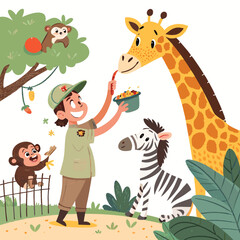 Naklejka premium create vector bold stroke a zookeeper feeding an