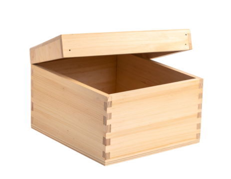 A beautifully crafted light wooden box with an open lid showcases its natural texture and sturdy dovetail joints