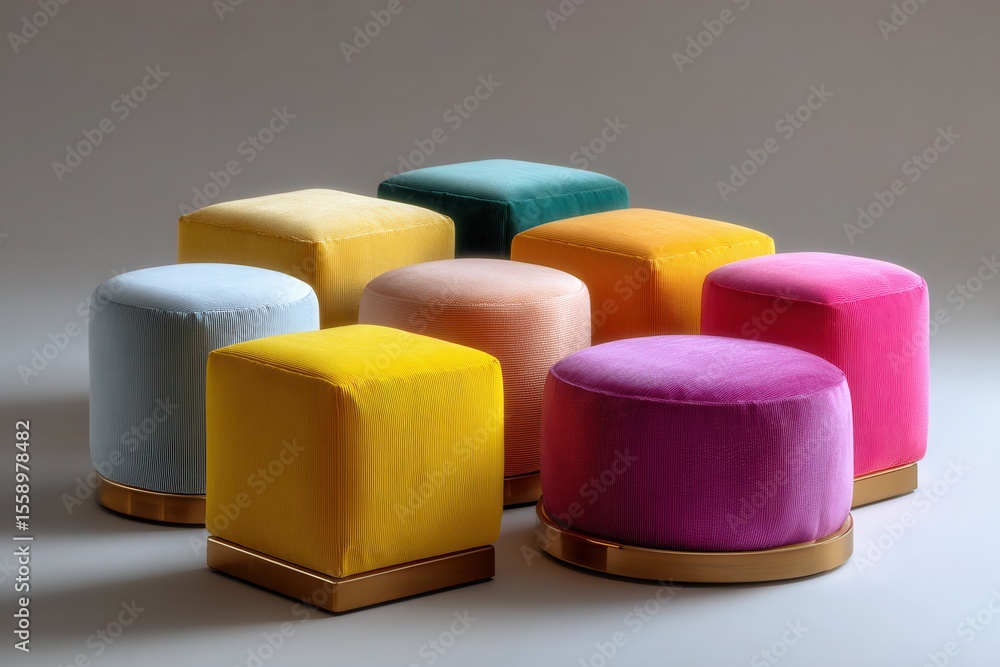 Poster colorful upholstered stools arranged in an artistic pattern on a neutral background showcasing moder