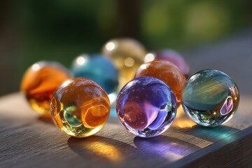 Colorful marbles reflecting sunlight on a wooden surface in a garden setting during the afternoon