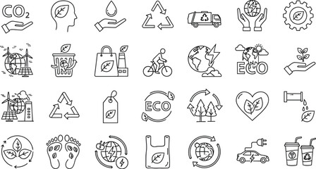 Collection of environmental and ecological icons in a line art style on a white background