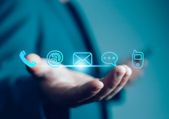 Businessman icons (address, phone, email, mobile, call) contact customer support, email website help, business contact service digital technology, contact us, 24 hours online customer service center c