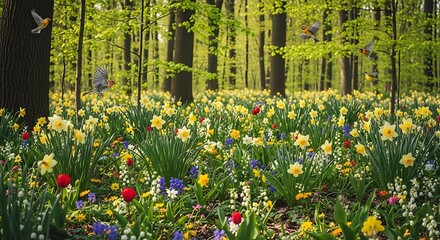 A vibrant forest floor covered in blooming daffodils and other wildflowers, with birds flying among the trees.