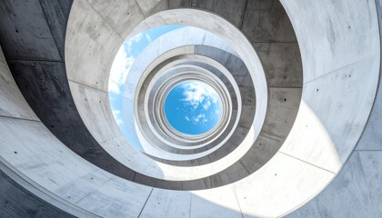 Modern Concrete Spiral Architecture Looking Up at Blue Sky with Clouds
