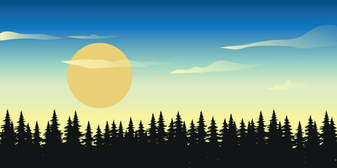 a landscape with sunset or sunrise over the forest horizon.