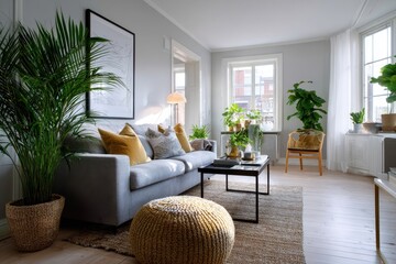 Cozy living room with plants and natural light creating a welcoming atmosphere in a modern apartment