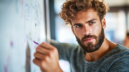 Creative individual engaging in brainstorming session at office with whiteboard