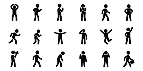 Stickman avatar set in multiple standing and expressive postures with minimal black silhouette