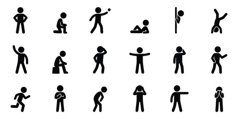 Stickman icon set of various action poses and fitness postures in silhouette for activity and movement concepts