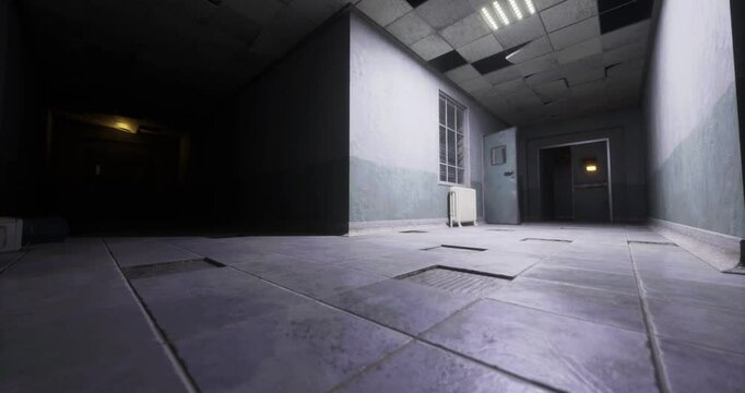 An eerie, empty corridor unfolds in a dimly lit abandoned structure. Shadows loom as flickering lights cast uncertainty on the cracked walls and tiled floor.