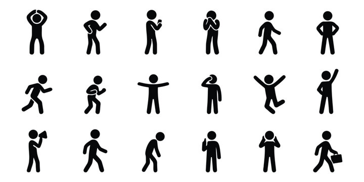 Stickman avatar set in multiple standing and expressive postures with minimal black silhouette