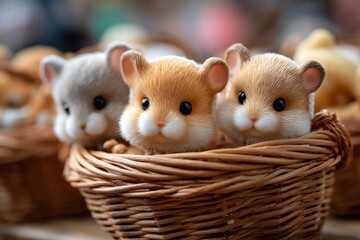 Cute hamsters in small woven baskets at a market showcasing playful pet decorations and plush toys