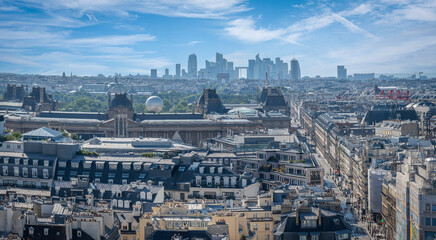 Paris, France - 06 28 2025: View Grand Palais, Arc de Triomphe, Ferris wheel, Olympic Basin ball,...