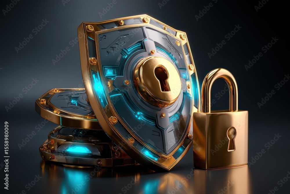 Poster digital shield and lock symbolizing cybersecurity protection in a futuristic design with glowing ele