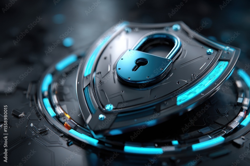 Poster digital shield with lock symbolizing cybersecurity and data protection concepts in a tech environmen