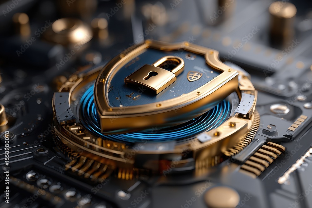 Poster advanced security technology shield featuring a lock on a circuit board at a tech-focused design wor