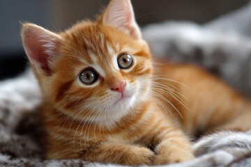 Cute orange kitten lounging on soft blanket with curious expression