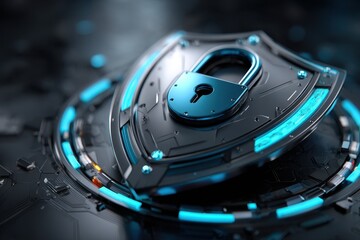 Digital shield with lock symbolizing cybersecurity and data protection concepts in a tech environment
