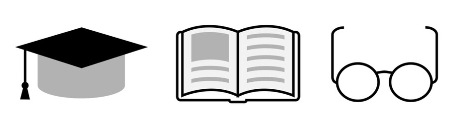 Set of Education icons: mortarboard, open book and eyeglasses, on transparent background, flat line design, vector illustration